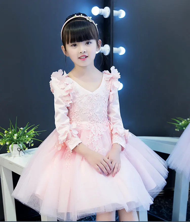 2017 Autumn Children's Wedding Evening Birthday Ball Gown Dress Girl Petal Long-Sleeved Party Princess Kids Show | Детская одежда и