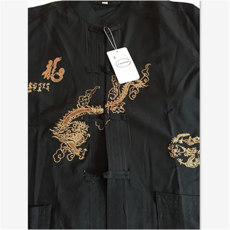 Китайский дракон рубашки мужчины черные брюки костюмы мандарин воротник с