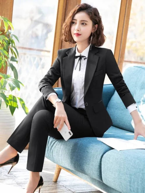 Black coat and pants Новая мода элегантный женские брючные костюмы комплект из двух предметов бизнес с длинным рукавом Тонкий Блейзер и брюки женские офисные Рабочая одежда - Цвет: Black coat and pants