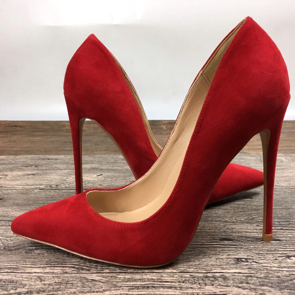 

Red Suede Women's Pointed Toe Stilettos Sexy Ladies Banquet Slip-on High Heels 8cm 10cm 12cm Party Shoes