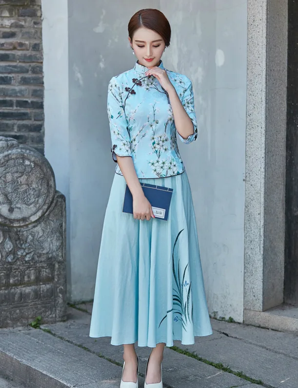 Sheng Coco 9 цветов китайские Топы Ципао Женская футболка Китай Mujer лето узор Cheongsam Китайская традиционная блуза одежда
