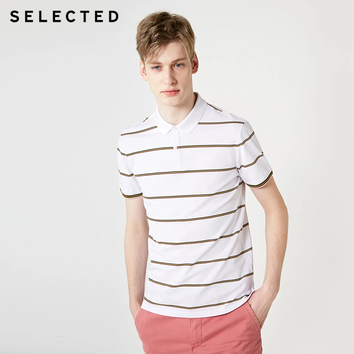 Мужская летняя полосатая рубашка с отложным воротником из 100% хлопка 419206507|Поло| |