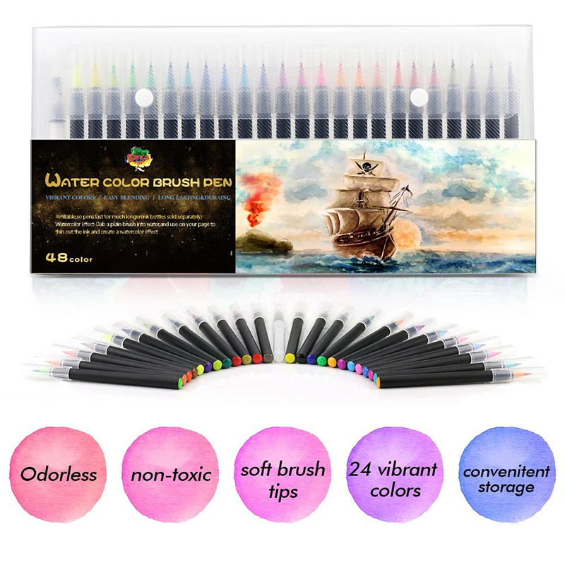 Ручки щетки водного цвета 48 цветов 2 Кисть для воды с цветным рисунком комическая