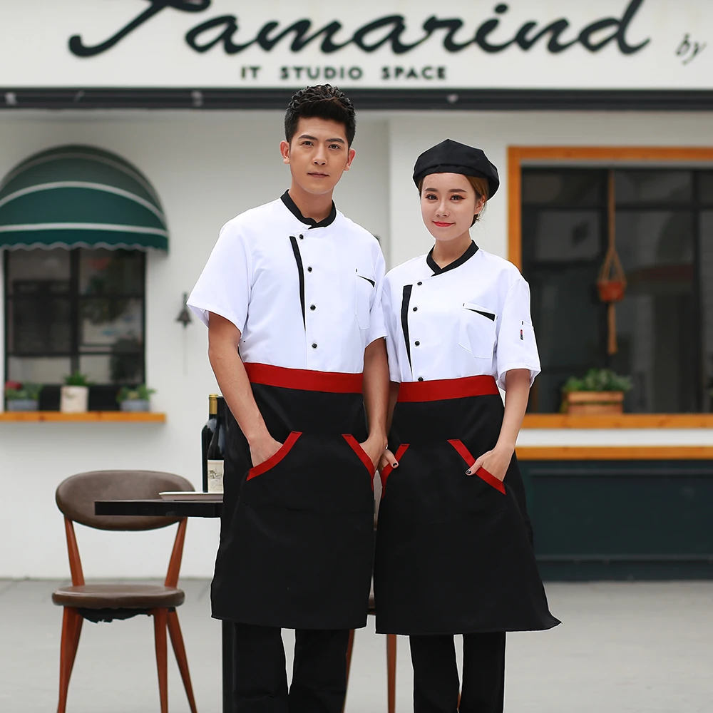 Короткий рукав сплайсированные шеф-повара для приготовления пищи рабочая одежда высокого качества Ресторан общественного питания Кофейня официанта униформа повседневные топы фартуки