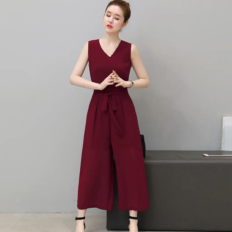 Высокое качество Лето Новая мода дамы комбинезон шифон без рукавов комбинезоны