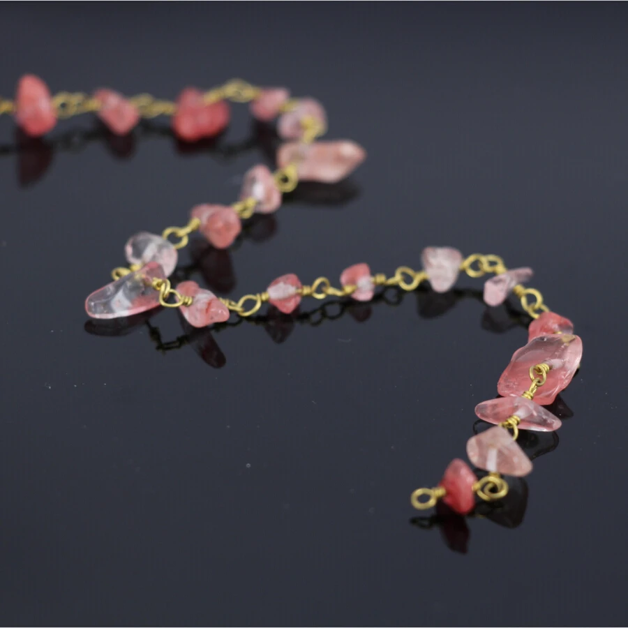 

5Meter,Cherry Quartz Crystal Chip Beads Rosary Chain,Brass Wire Wrapped Link Watermelon crystal Chain,DIY women Sweater chain