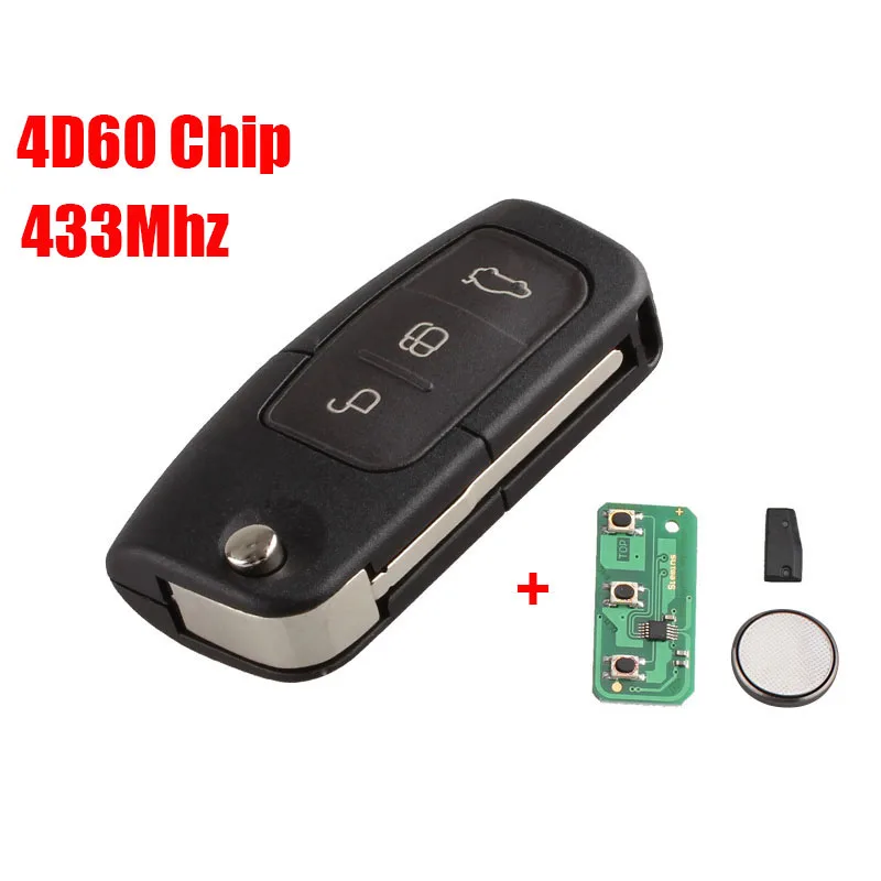 BHKEY 433 МГц 3 кнопки складной дистанционный ключ автомобиля для Ford 4D60 4D63 чип для Ford Focus 2 3 mondeo Fiesta брелок HU101 лезвие - Количество кнопок: 4D60 Chip 433Mhz