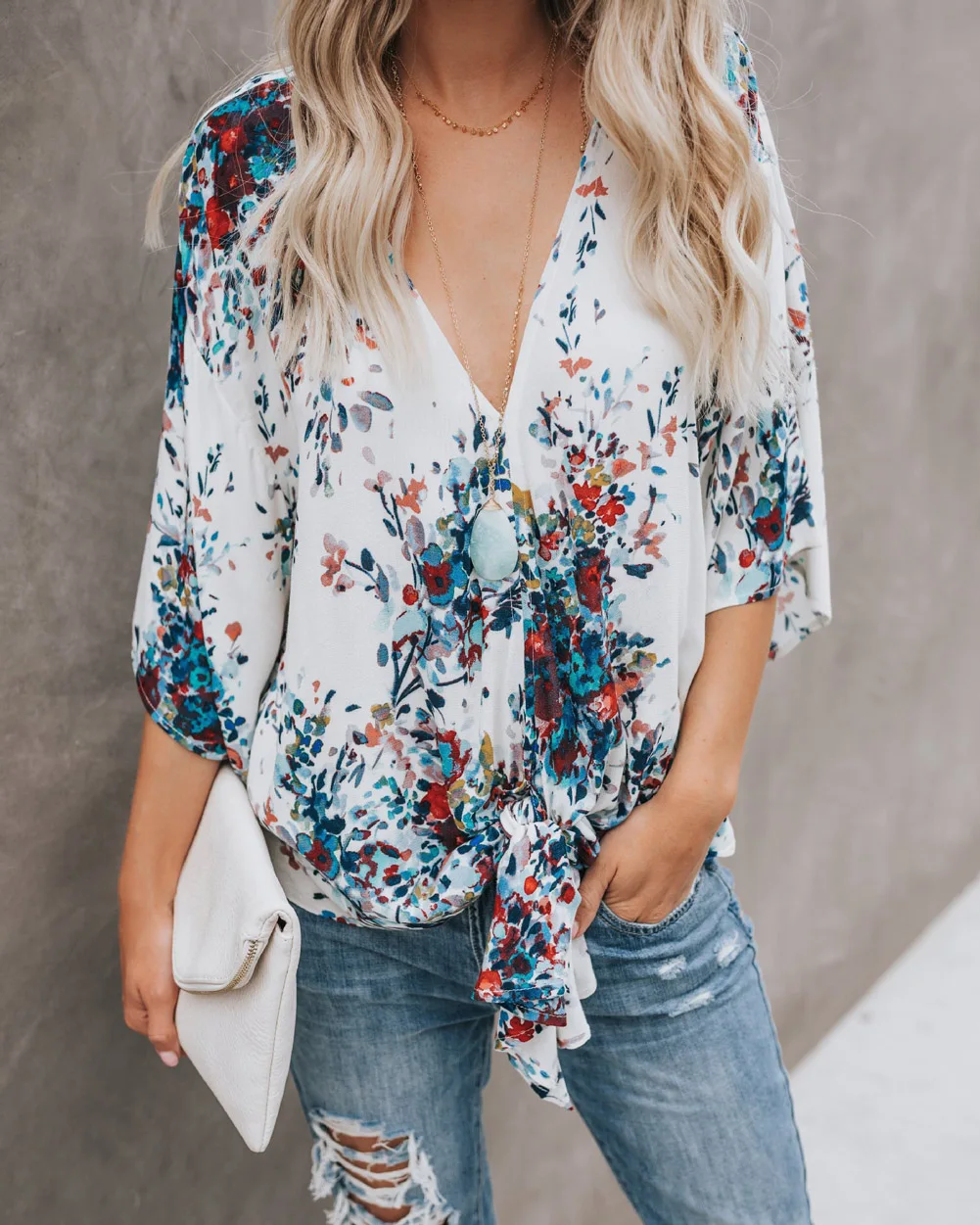 Fashion Womens Flower Casual Loose Long Flare Sleeve Shirt V-Neck Blouse | Женская одежда