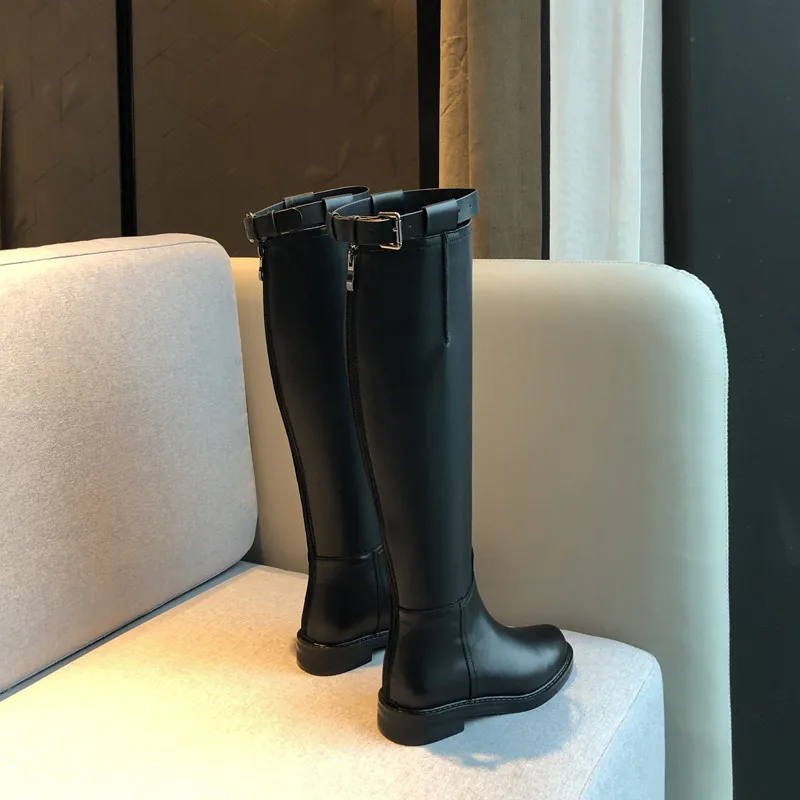 

MORAZORA 2020 new women genuine leather boots square heel shoes buckle zip winter Motorcycle boots woman knee high boots
