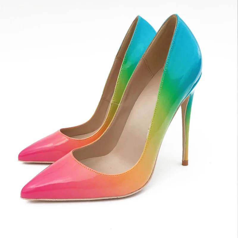 

Fashion free shipping Women Rainbow Patent Leather Poined Toe Stiletto high heel shoe pump HIGH-HEELED SHOE Wedding shoes