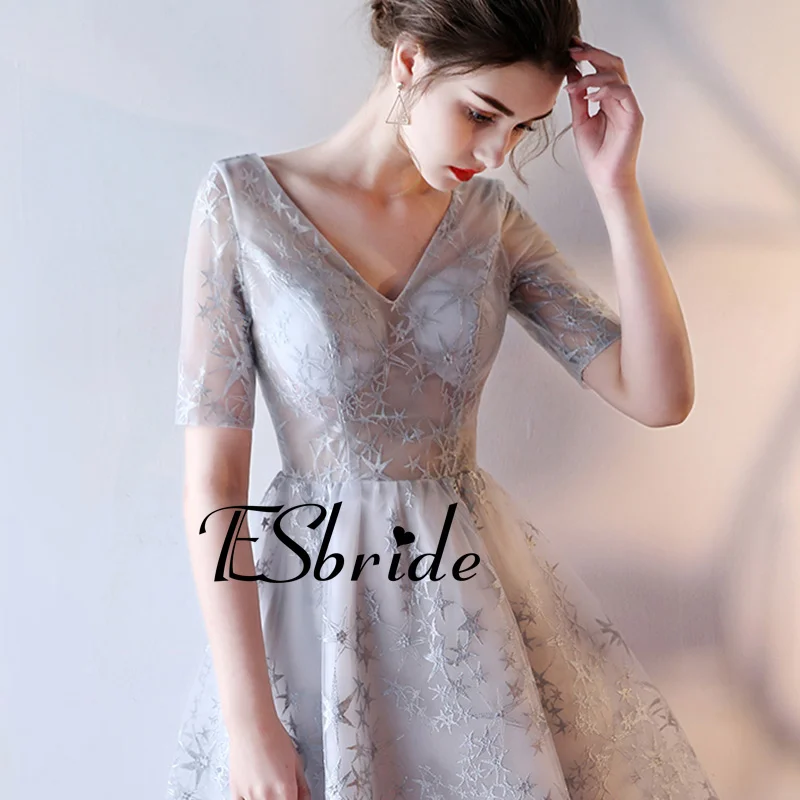 2017 серебряный цвет двойной v короткие платья выпускного вечера одеяние де вечер