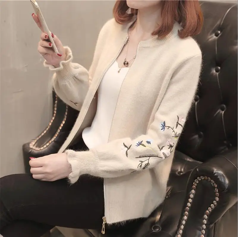 2019 Spring And Autumn Women Blends Cardigan Sweater Embroidery Print O-Neck Plus Size Casual Zipper |