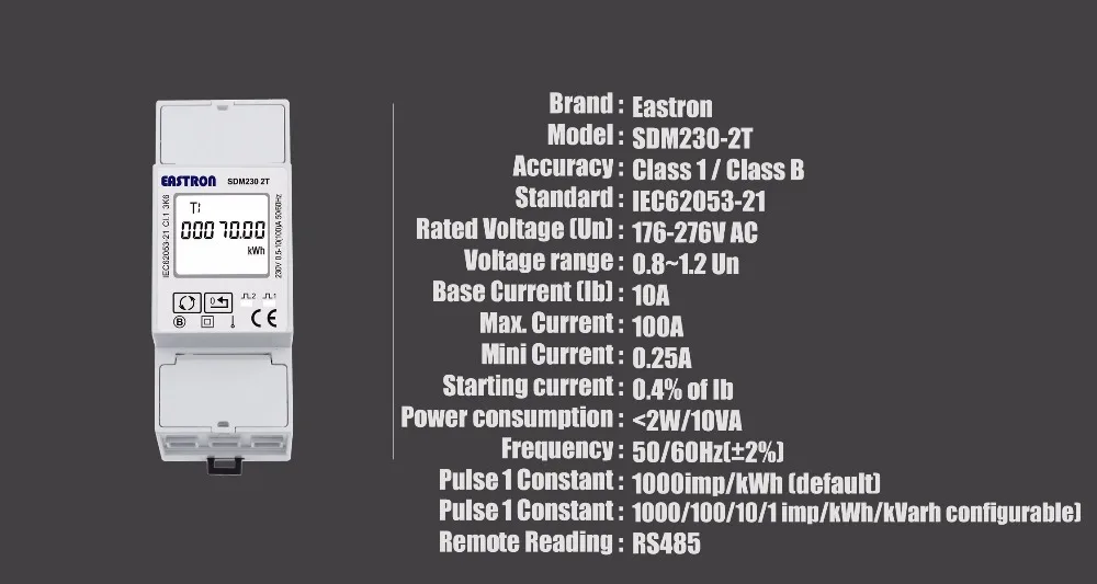 SDM230-2T MID одиночный фазовый измеритель энергии, 220/230 V, Pulse/выходом Modbus, RS485, дистанционного общения с AMR/scada-системы, средней длины