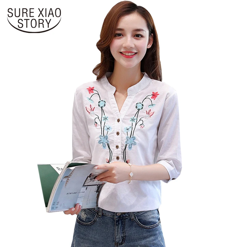 Хлопковая и льняная Свободная Повседневная Женская блузка с v образным вырезом