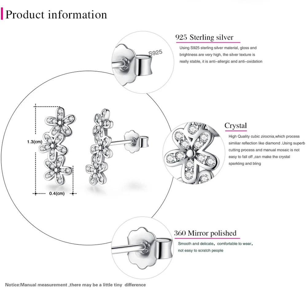 FOREWE Real 925 Sterling Silver Stud Earrings Crystal Stackable Dazzling Daisies Flower Earrings for Women Fashion Jewelry Gift