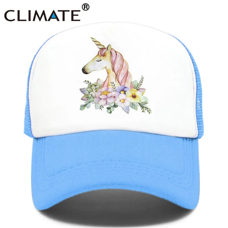 Sky blue Климат шапка единорога для девочек Единорог Кепка Дальнобойщика шляпа хип-хоп розовая роза Кепка s Красочные сетки бейсболка шляпа для женщин девушек - Цвет: Sky blue