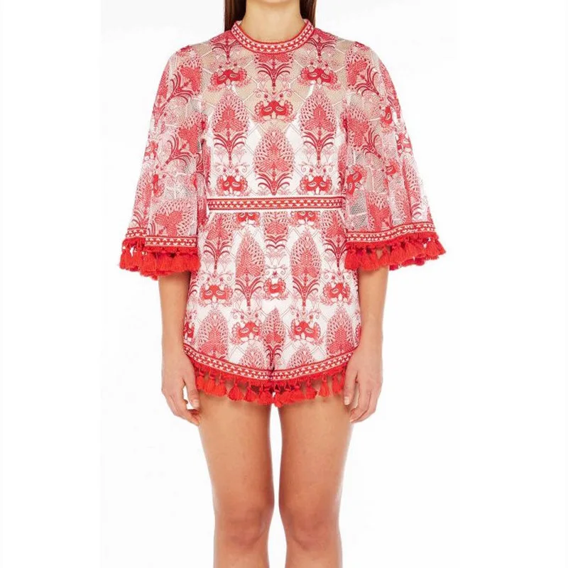 Мода 2017 г. пляжные Стиль Boho красный и белый фарфор печати кисточкой Вышивка