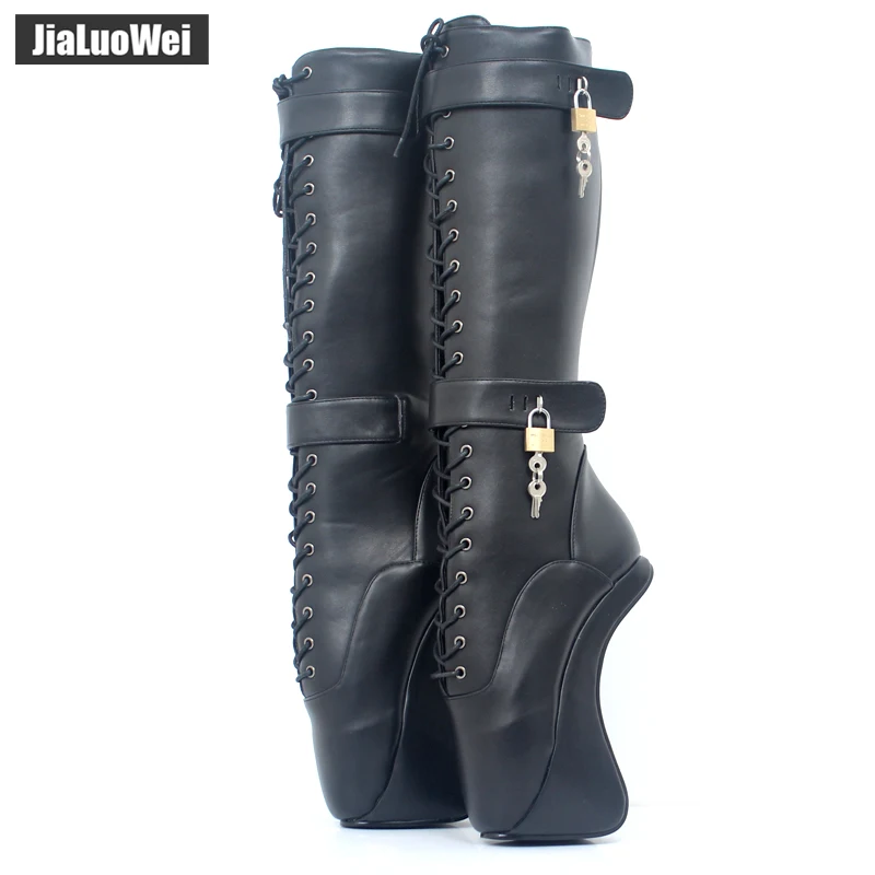 Murah Jialuowei Karet Ballet Sepatu Wanita 18Cm Ultra High Kuku Sepatu Hak Dikunci Padlocks Fetish Renda Seksi Lintas Terikat Lutut-Sepatu Bot Tinggi