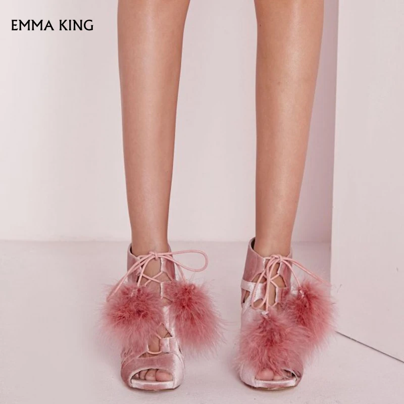 Модные замшевые женские ботильоны розовые Босоножки с открытым носком обувь на