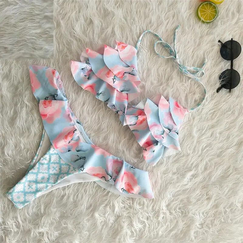 Модные женские цветочные комплекты бикини 2019 купальник с рюшами и сексуальная