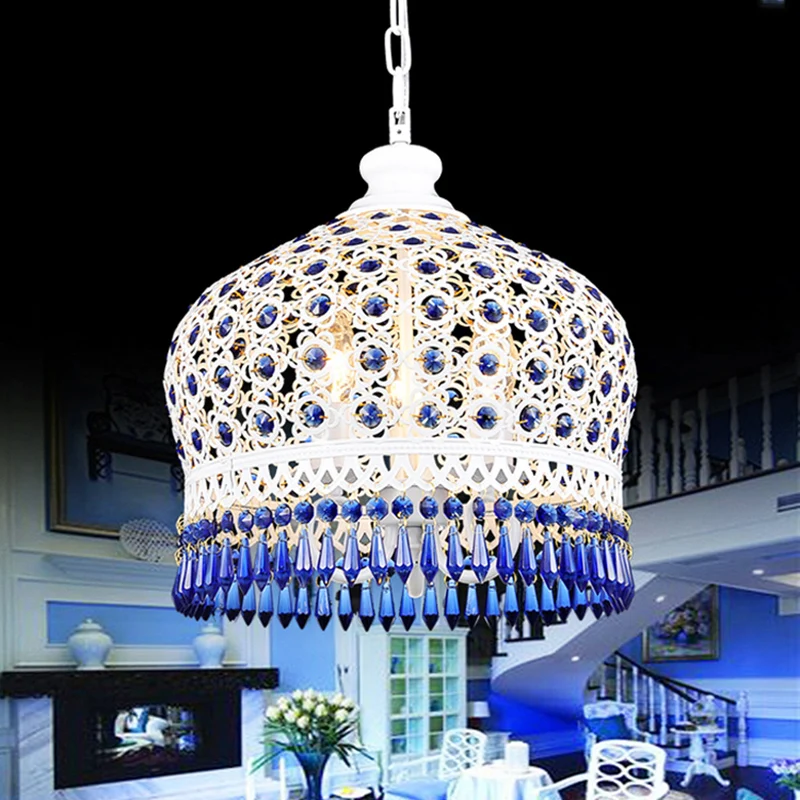 Подвесная лампа в богемном стиле с синими кристаллами для спальни ресторана кафе