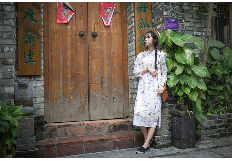 Литературные Чонсам в ретростиле платье длинные секции тонкие маленькие цветочные пластины пуговицы весенние китайские женщины