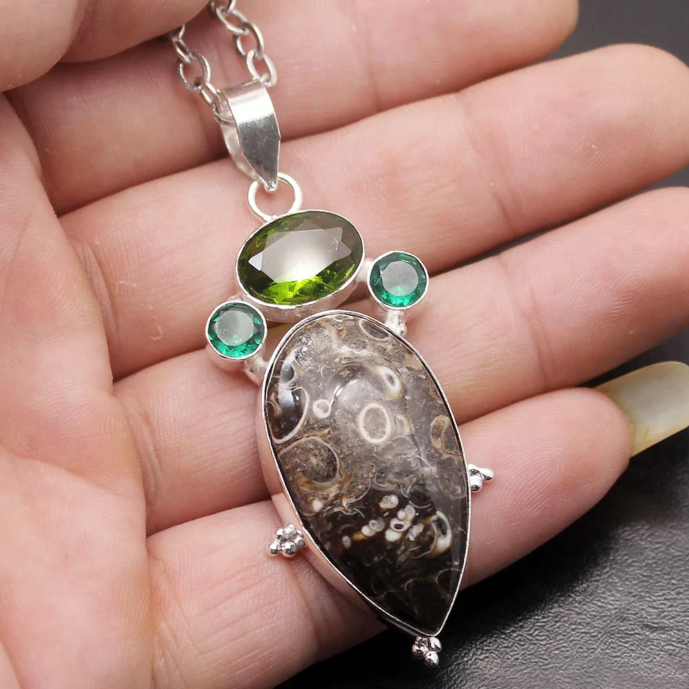 

Unique Natural Oceanjasper Peridot 925 Sterling Silver Color Charm Pendant Necklace Jewelry 2 5/8 INCH TF400