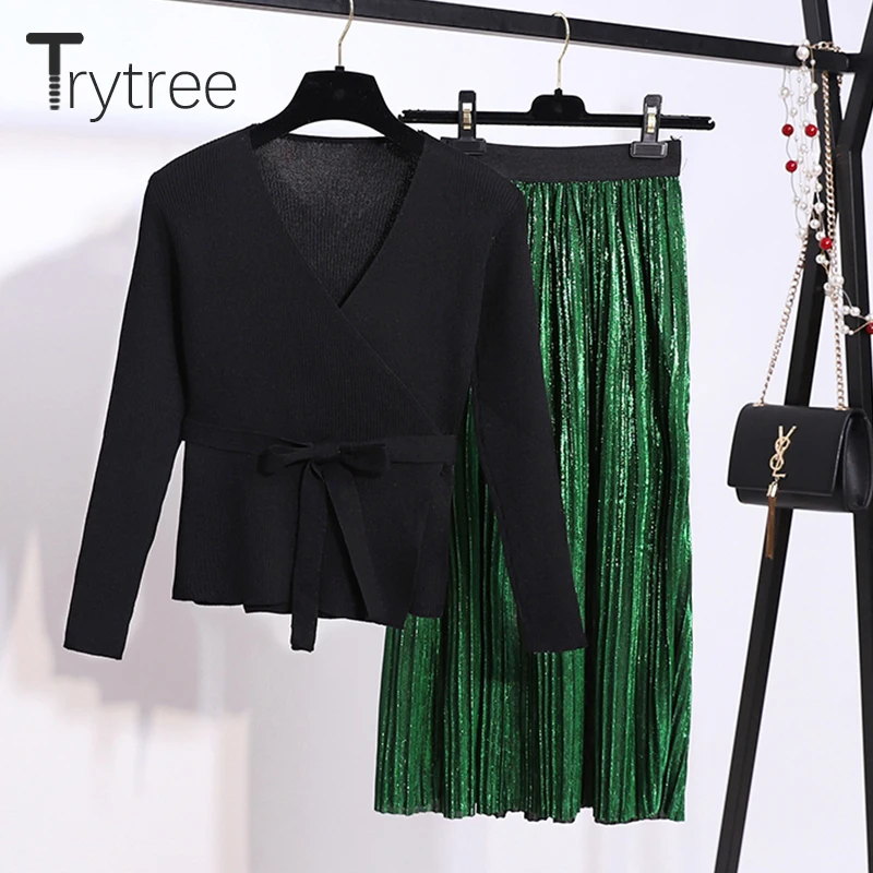 Trytree Spring summer Set Women two piece set Casual Fashion tops + skirt Top V-neck Office Polyester Solid Suit Pullover | Женская