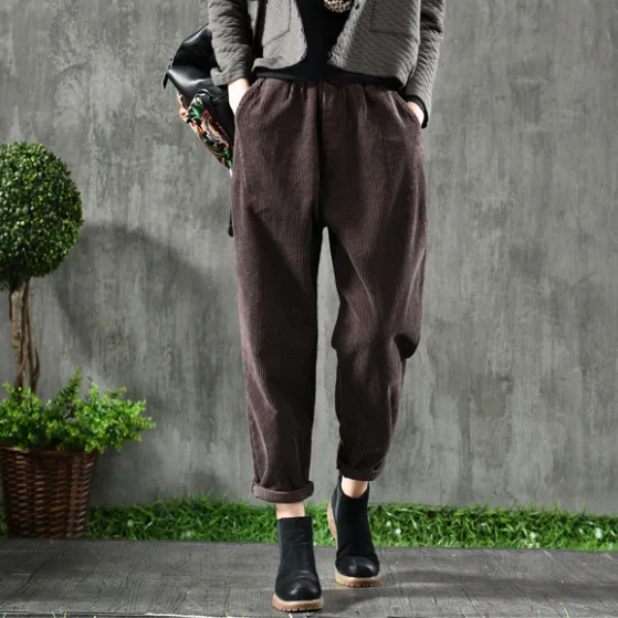 Женские вельветовые брюки с эластичной резинкой на талии свободные однотонные