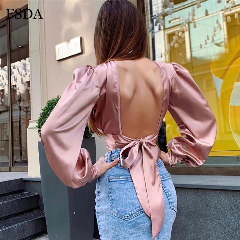 FSDA розовый топ с открытой спиной и высоким воротом укороченный Топ длинным