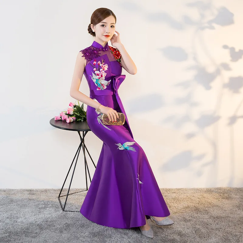 Purple Modern Cheongsam Sexy Qipao Women Long Traditional Chinese Dresses Oriental Wedding Gowns Evening Dress Robe Orientale