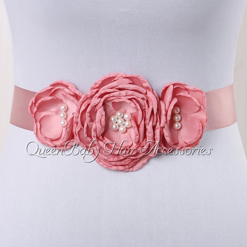 24pcs/lot Flower Headband Match Flowergirl Sash Girls Dress Accessories Elegant Satin Ribbon Bridal Belts Pearl SashHeadband