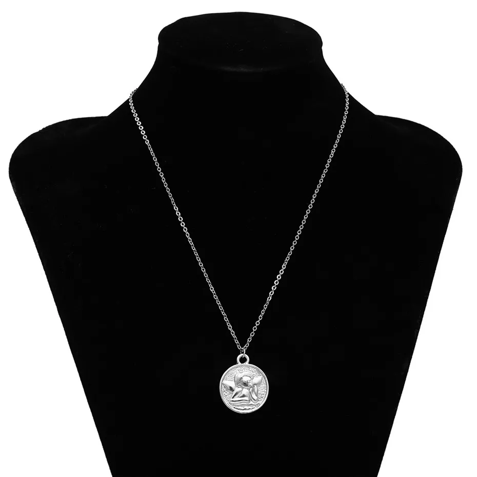 Silver Ingemark, простое, винтажное, резное ожерелье с кулоном в виде монеты, крупное лицо, Богиня Девы Марии, розы, ангела, длинная цепочка, ожерелье для женщин - Окраска металла: Silver