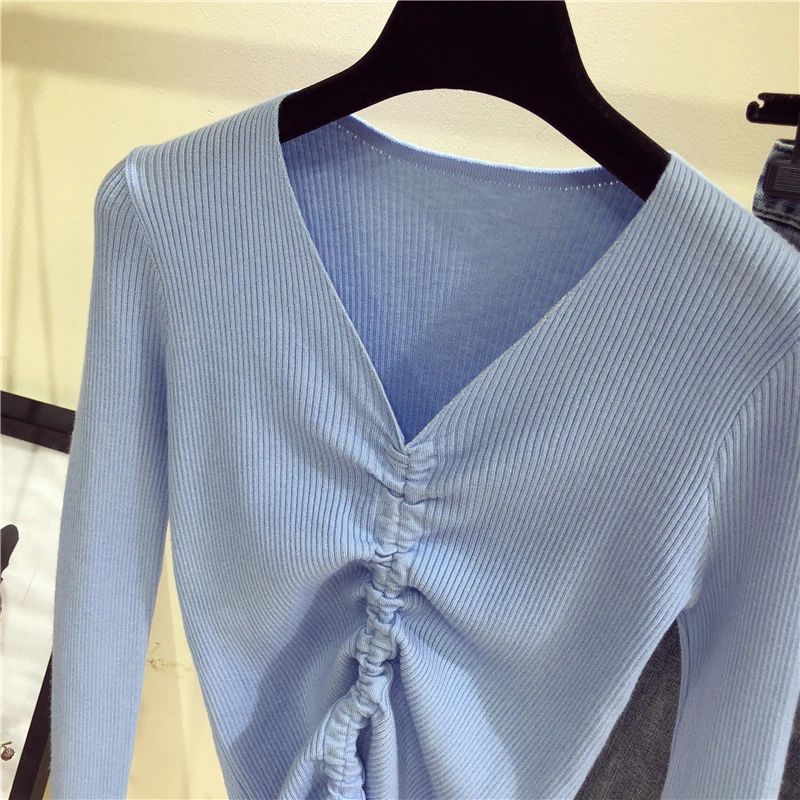 2019 Autumn Long Sleeve Bottoming Knitted Sweater Women Solid Slim Drawstring Bustier Crop Top Sexy V-Neck Streetwear Pull Femme | Женская