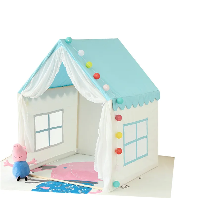 Blue tent Замок палатка принцессы для девочек, хлопковая ткань; Массивная древесина, кронштейн, игровой домик большого размера, кровать, палатка для детей, реквизиты фотосессии - Цвет: Blue tent