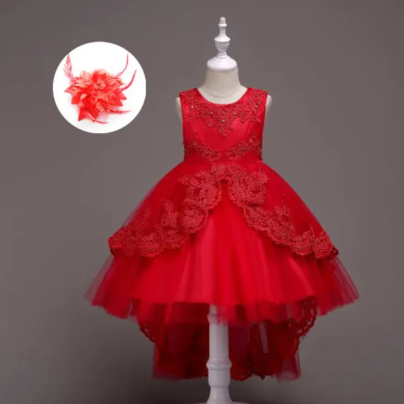 Childrens Birthday Clothing Girl Ruffle Lace Flower Girls Wedding Dress Short Front Long Back Pink Red Light Blue White | Детская одежда