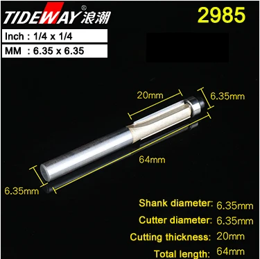 2985 Tideway 1/" 1/2" хвостовик заподлицо фрезы для дерева обрезные фрезы с подшипник, деревообрабатывающий инструмент Концевая фреза - Длина режущей кромки: 2985