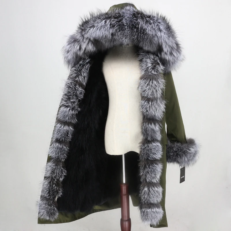 green silver OFTBUY, зимняя женская куртка, пальто с натуральным мехом, удлиненная парка, водонепроницаемая верхняя одежда, Воротник из натурального Лисьего меха, капюшон, подкладка из лисьего меха, съемная - Цвет: green silver
