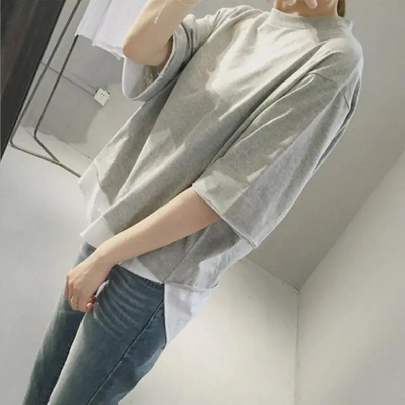 

Women Casual Loose O Neck Shirt Tops Patchwork Fake Two Pieces Blouses Shirt