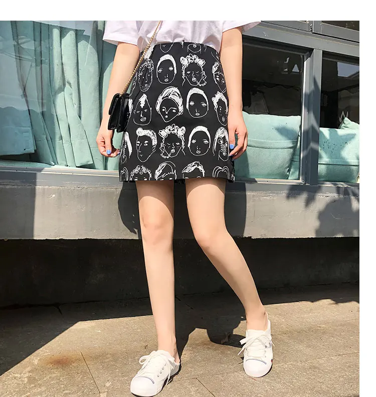 Human Head Print Summer Mini Skirt Women Graffiti High waist skirt A-line kawaii Female Skirts Sexy Short student |