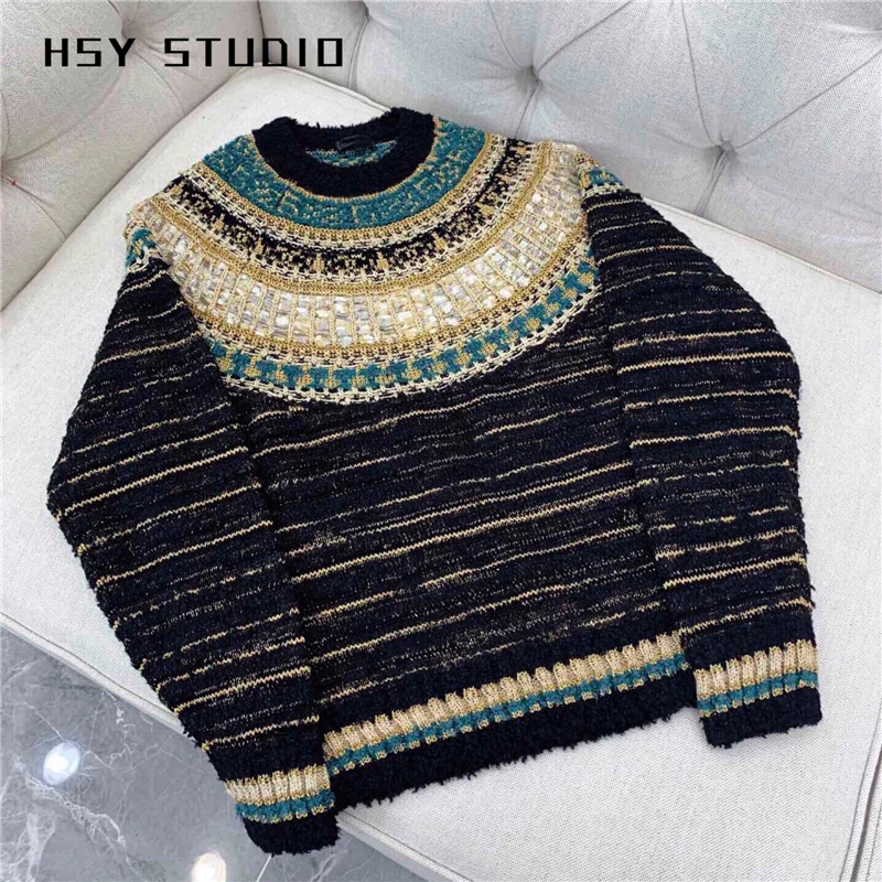 【HSY studo】 Осень Египетский стиль для женщин индивидуальные синие и золотые смешанные нити с длинным рукавом o-образным вырезом в полоску черный свитер