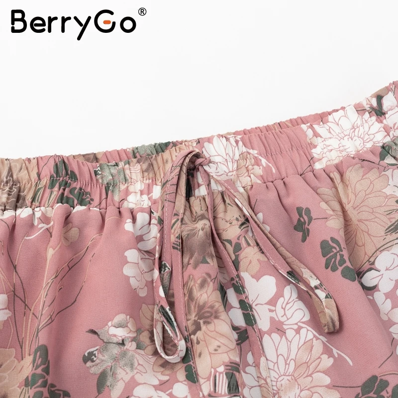 BerryGo, повседневная, с рюшами, с цветочным принтом, летняя, розовая, юбка, женская, эластичная, элегантная, boho, короткая юбка, femme, с высокой талией, для отдыха, пляжная юбка