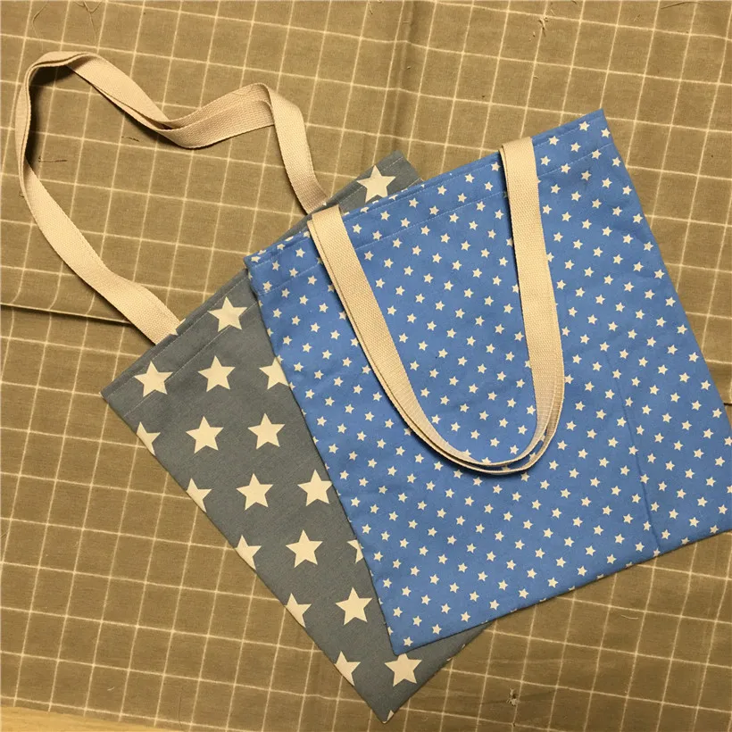 

YILE 1pc Cotton Canvas Eco Shopping Tote Shoulder Bag White Stars Blue Grey Base to Choose from L8503-4