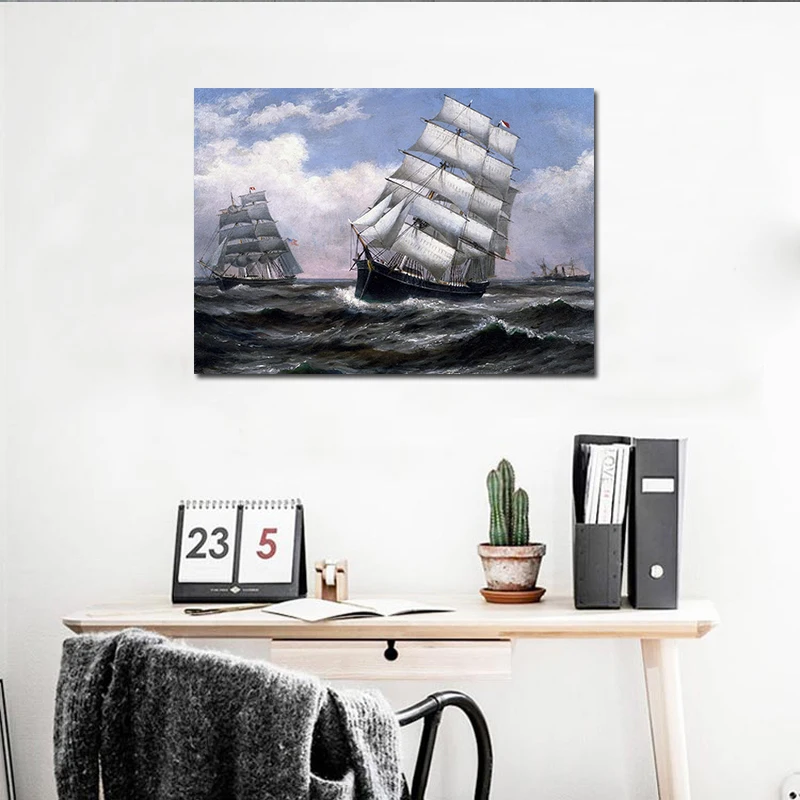 NEWBILITY Sailing Boat Landscape Painting Cuadros Decoracion Retro Sailboat Pictures Canvas Paintings Living room Wall Art Decor | Дом и сад