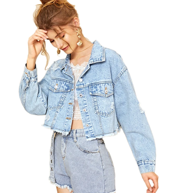 Dotfashion синяя короткая джинсовая куртка с рваными потрепанными краями и хлопьями для женщин Осенняя Повседневная однобортная одежда осеннее однотонное пальто