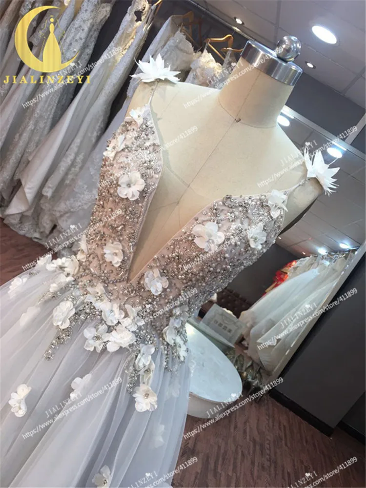 JIALINZEYI Real Image Sample Sexy Sexy V Neck Light Grey Crystal Flowers Tulle A-line Fashion party dresses evening dress 2020