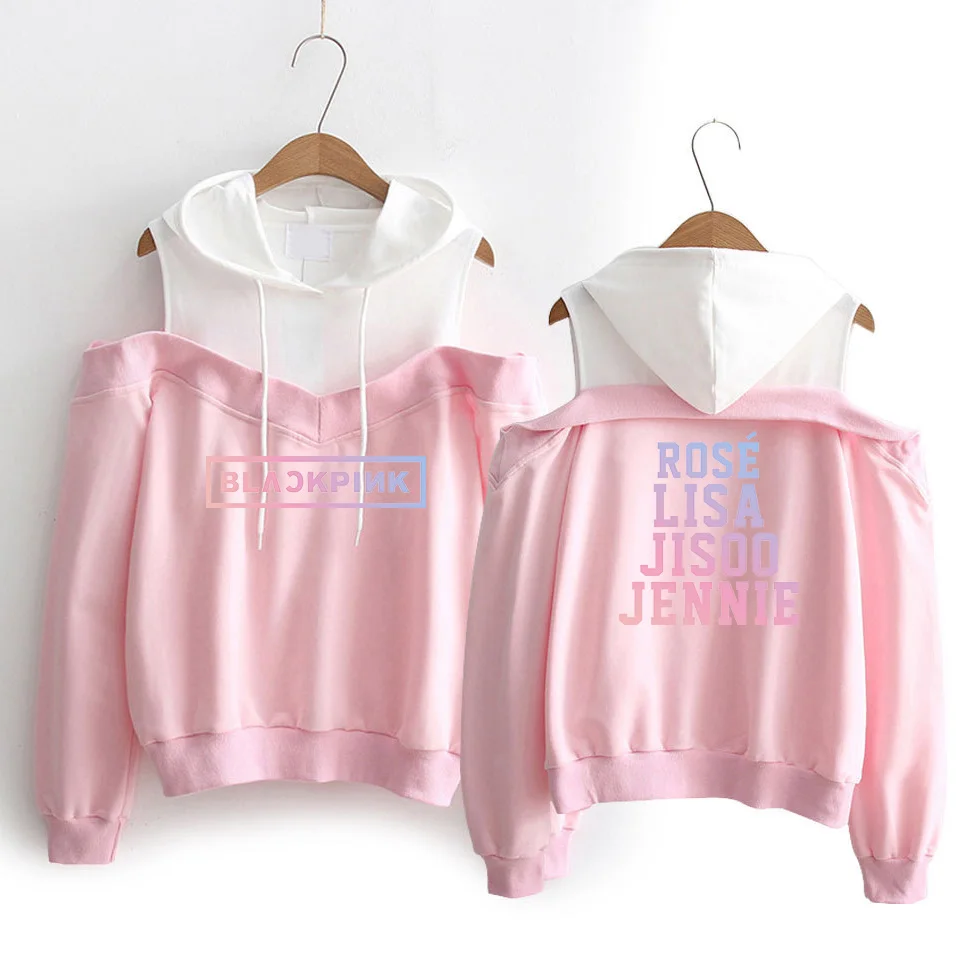 Pink Kpop, толстовки, Kpop, черные, розовые, сексуальные, с открытыми плечами, толстовки, свитшоты, для женщин, командный член, Толстовка для девочек, группа, черная, розовая одежда - Цвет: Pink