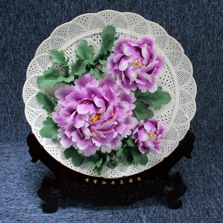 

16 inch purple peony porcelain ceramic disc hanging plate hollow handmade art gift Home Furnishing disk disk