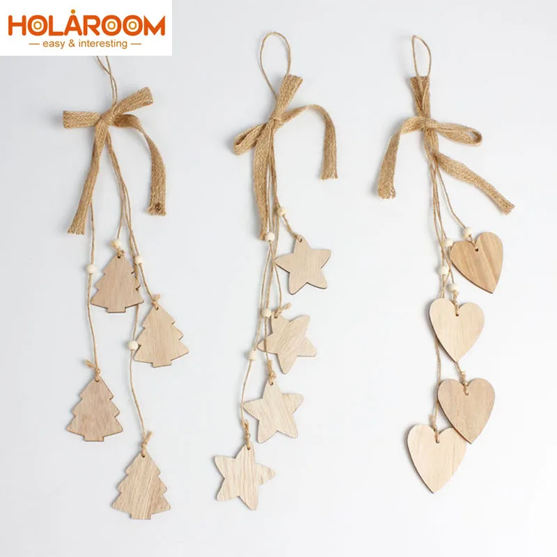 

2PCS DIY Christmas Wooden Pendant Peach Heart/Tree bowknot Ornaments Pentagram Hanging Xmas New Year Home Decor Kids Gifts