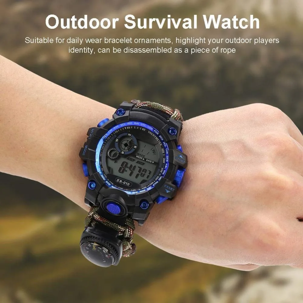 

Outdoor Survival Watch Emergency First Aid Night Vision 50M Waterproof IP68 Survive Paracord Knife Compass Thermometer Whistles